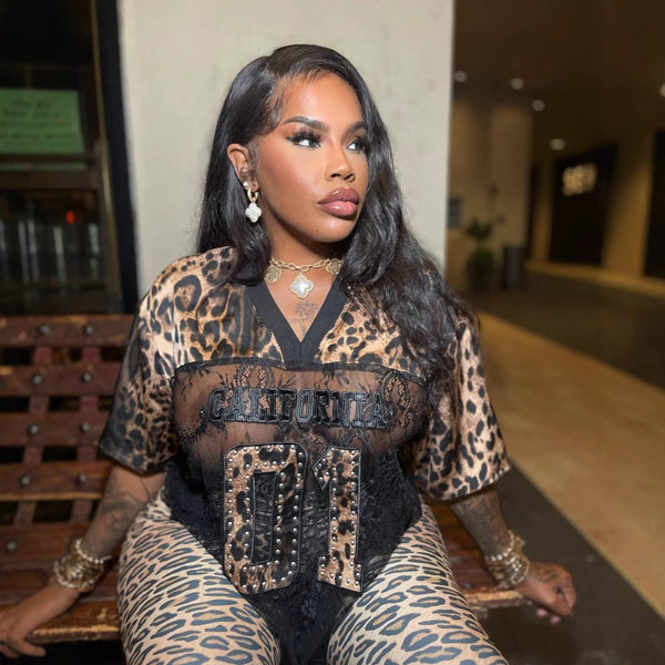 Europe and the United States popular  fashion printing retro V-neck short-sleeved lace leopard print splicing top loose casual T-shirt women