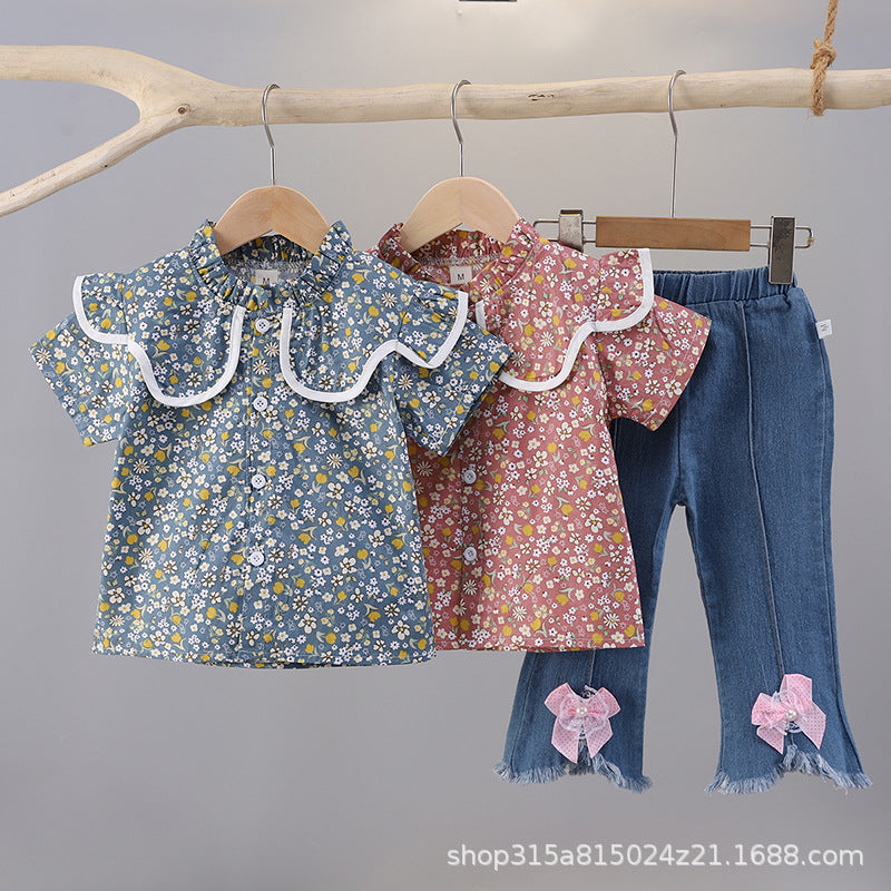 Summer floral dress set for 0-4 year old baby girls - single-breasted skirt, short-sleeve children's summer outfit