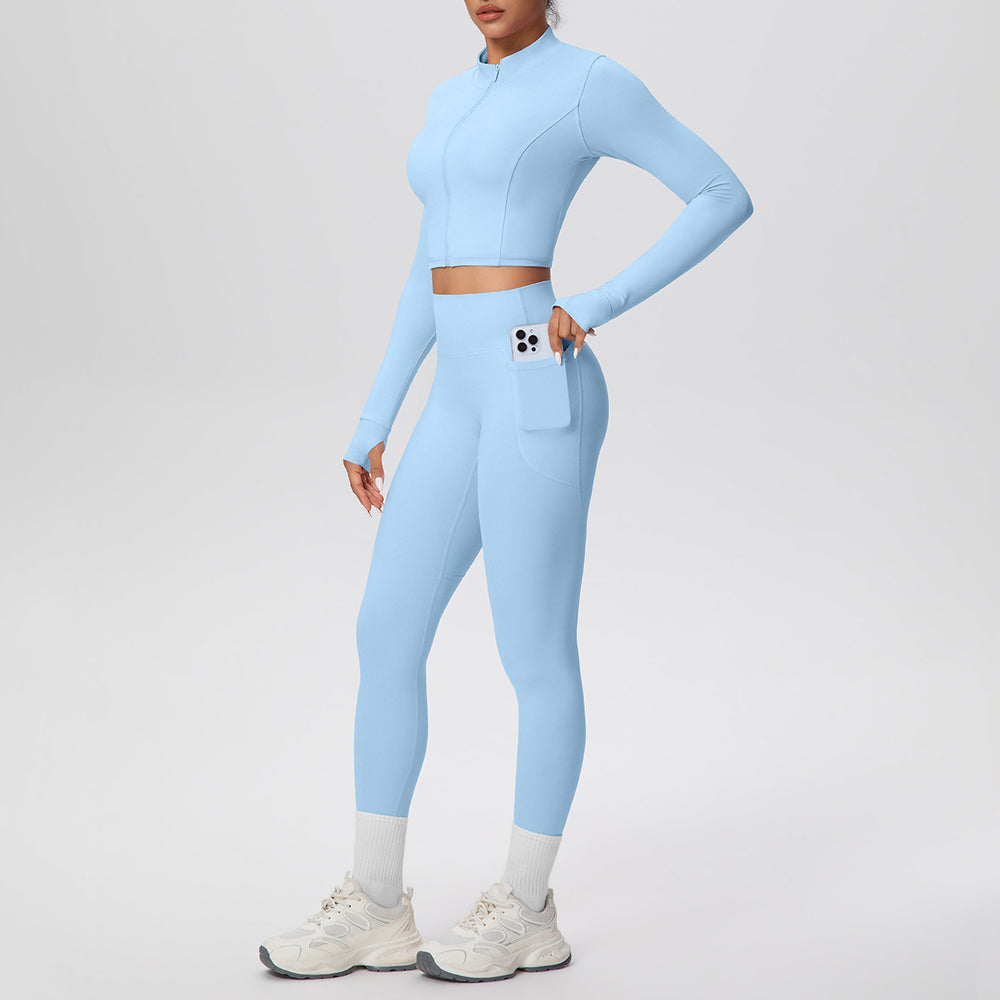 Ready-to-ship cross-border solid color brushed micro-fleece short jacket & leggings set - tight fit, pocketed, perfect for running, fitness, and yoga