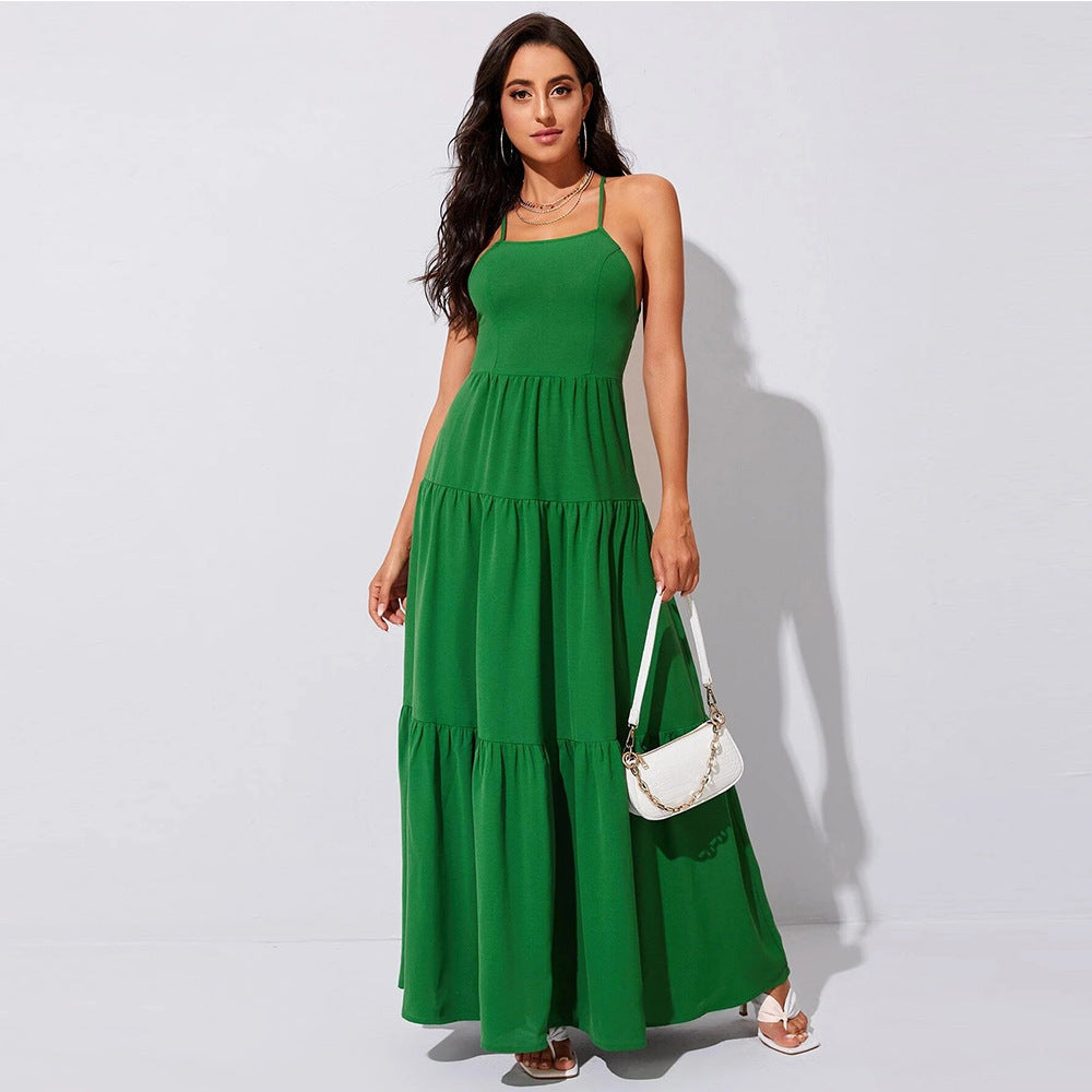 European and american women's clothing  new arrival: flowy, figure-hugging evening gown with open back and spaghetti straps - elegant plus size dress