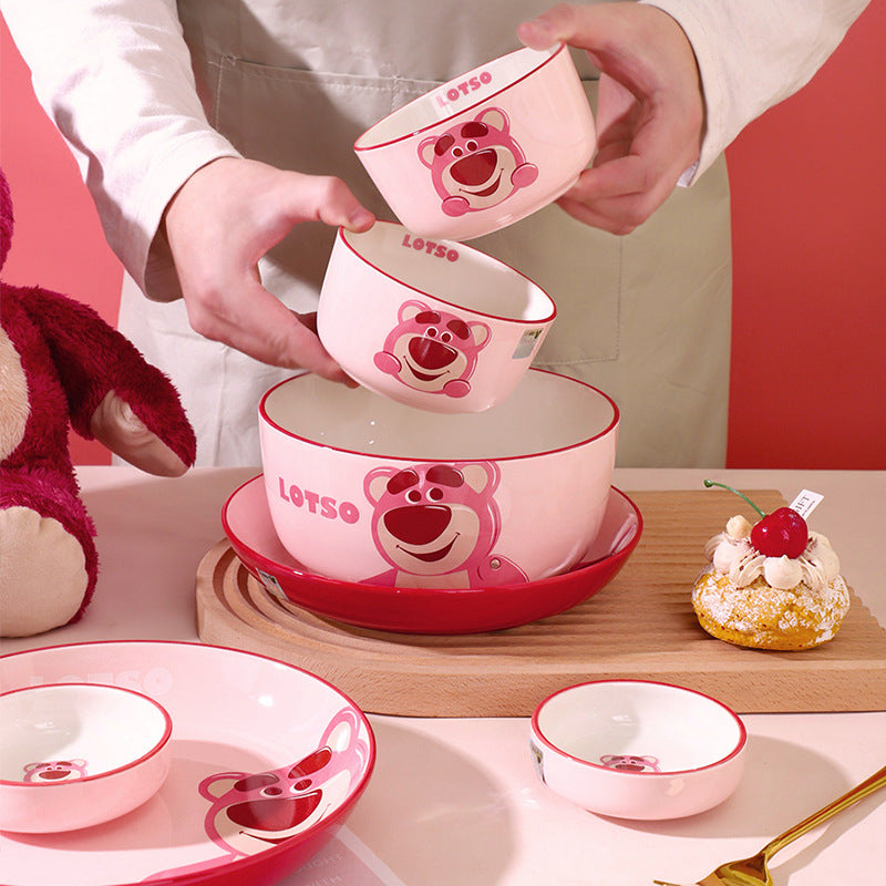 Cartoon Ceramic Bowl Premium Tableware Gift Box Gift High Value Bowl Plate Household Children's Rice Bowl Strawberry Bear Set