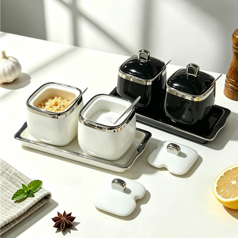New ceramic seasoning jar set - complete home spice rack, salt & sugar bowl set with spoons - wholesale kitchen utensils