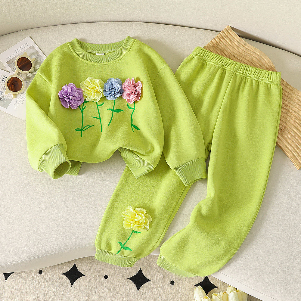hot selling autumn new arrival 3d floral round neck set - long pants & sweatshirt two-piece outfit