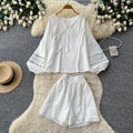 Gentle wind yellow cut outlacetwo-piece set female autumtie back lantern sleeve topssuit relaxed sense outfit