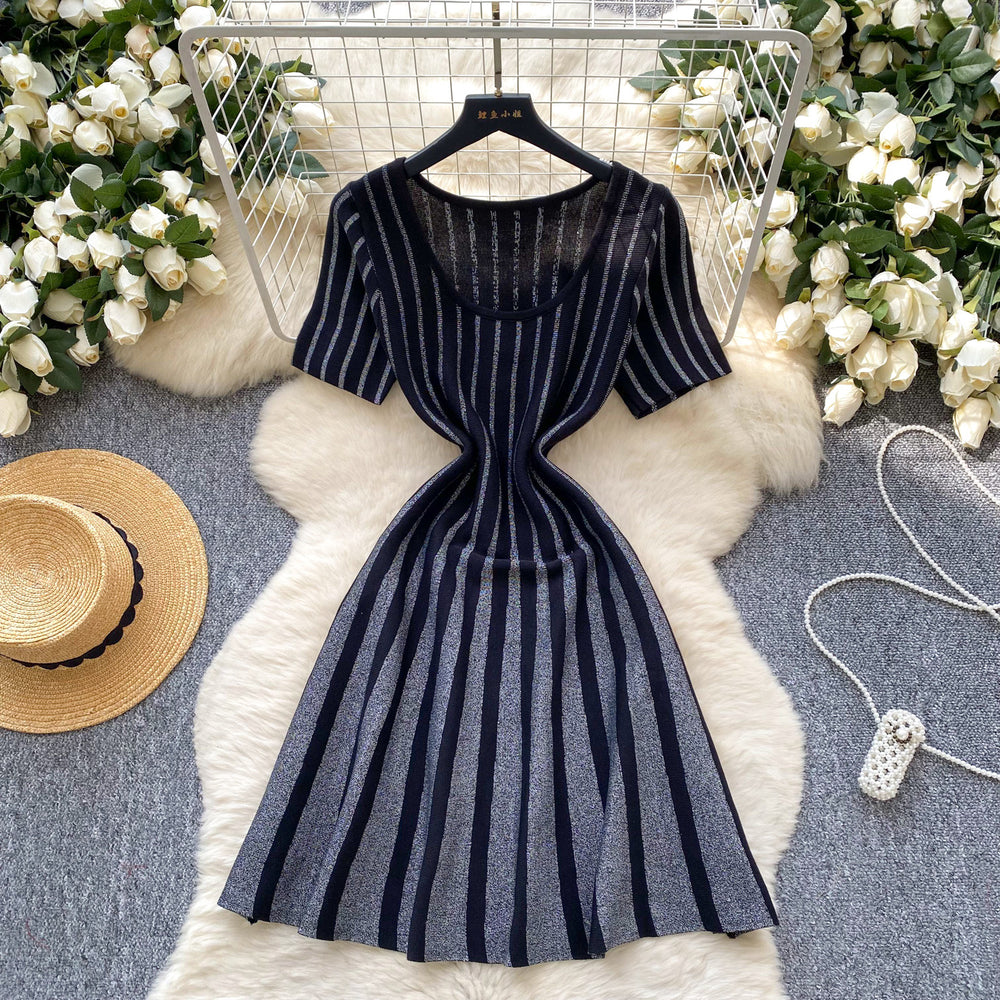 Fashionable women's dress  summer high-end u-neck short sleeve slimming shiny striped a-line knit dress