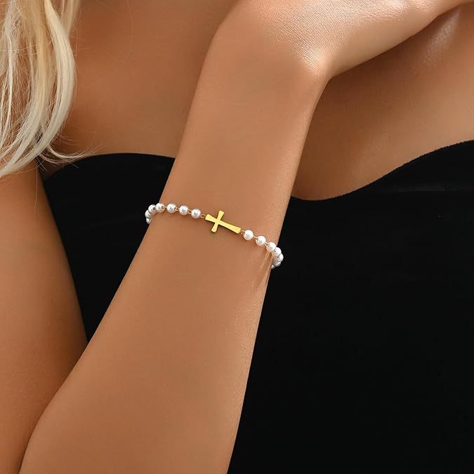 European and american cross-border new arrival: faux pearl beaded cross accent layered bracelet - stainless steel stackable jewelry accessory