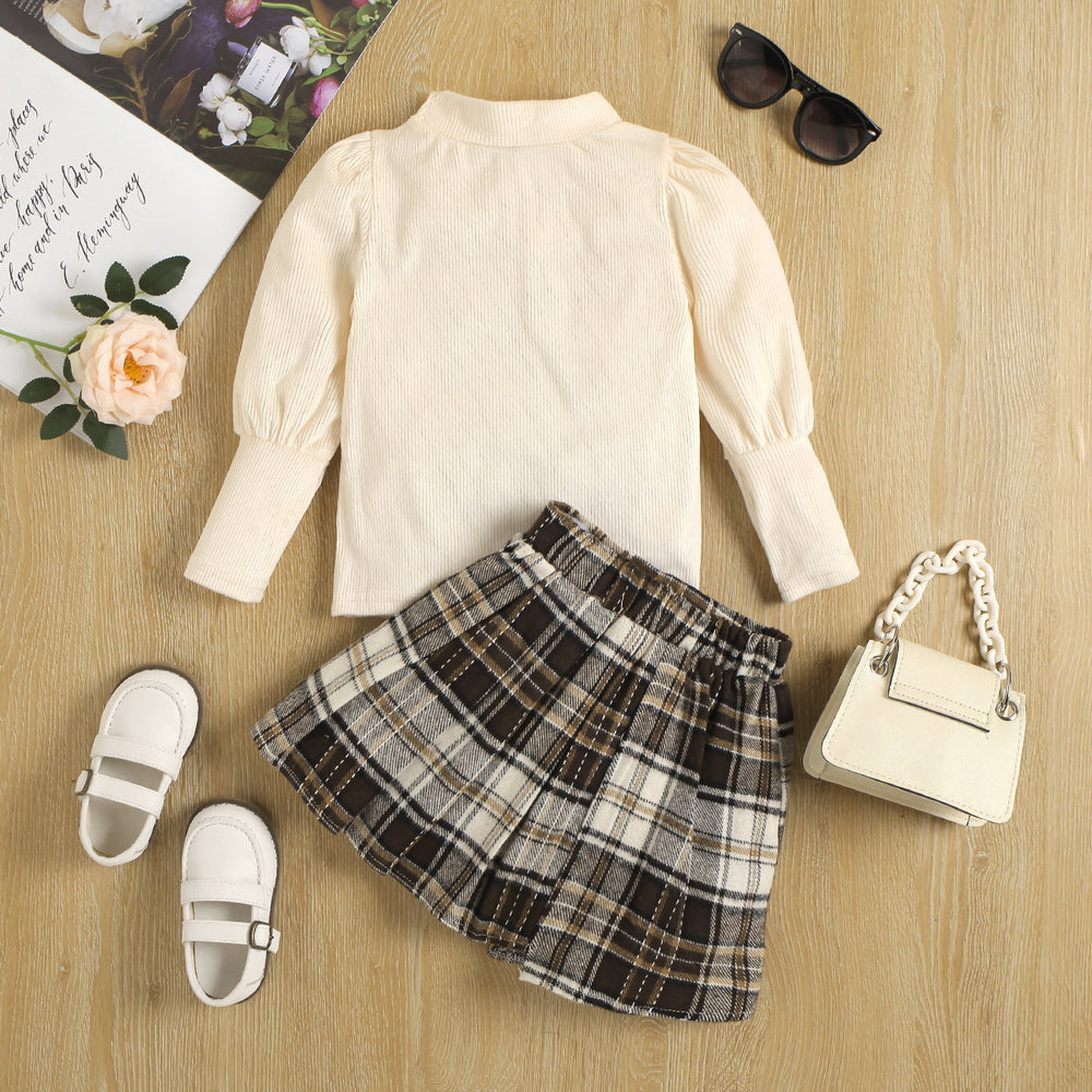 autumn cross-border exclusive: girls' long-sleeve ribbed knit top + irregular plaid mini skirt two-piece set