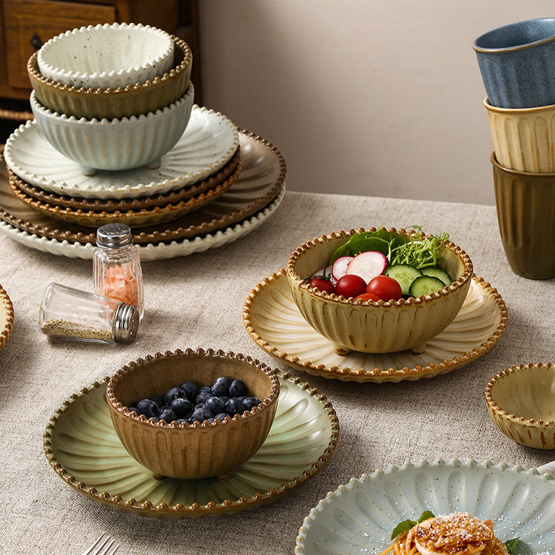 Vintage-style rustic ceramic bowls, plates, and dishes - creative beaded edge steak plates and dessert bowls for restaurants and hotels - premium presentation