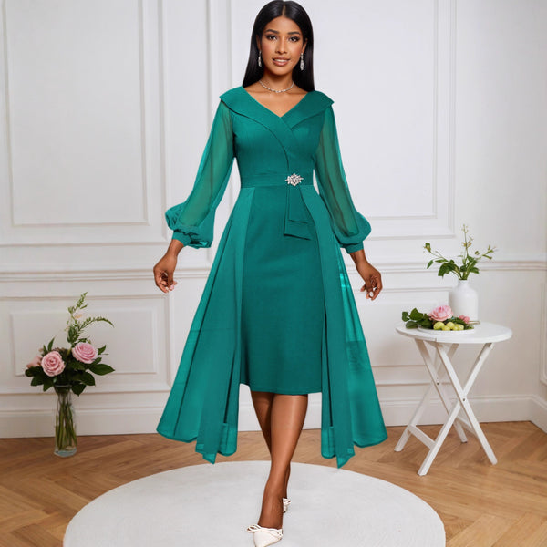 V-neck mesh lantern sleeves hip skirt, waist irregular skirt elegant dinner dress  women's dress