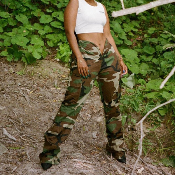 7454PG Freite 2023 autumn new  popular pocket irregular camouflage casual trousers, women