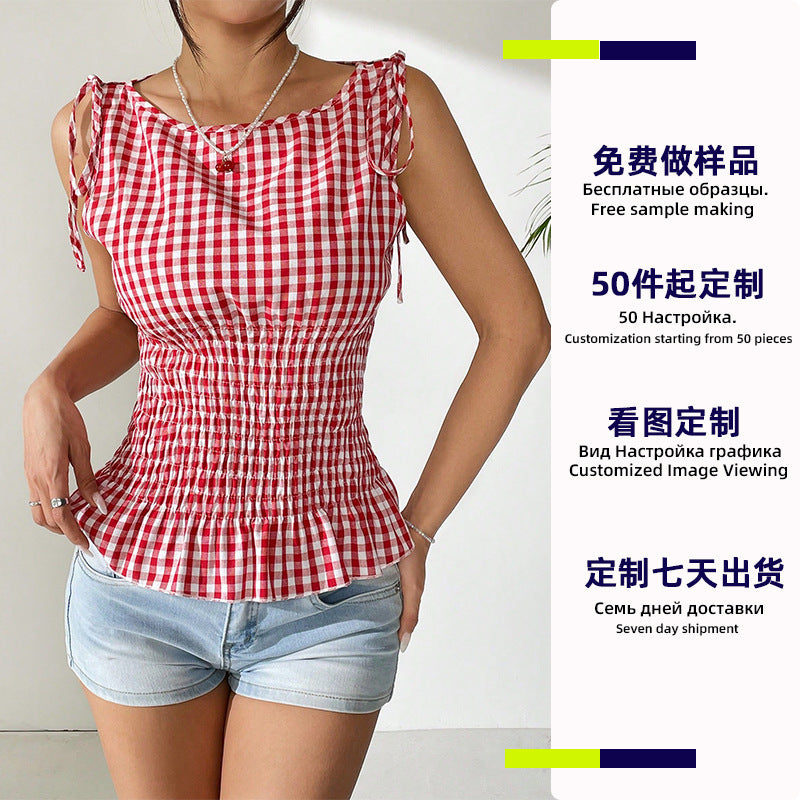 Small batches come to the picture to customize European and American plaid small suspender tops, women's clothing, contractors, materials, clear processing, and vests, women