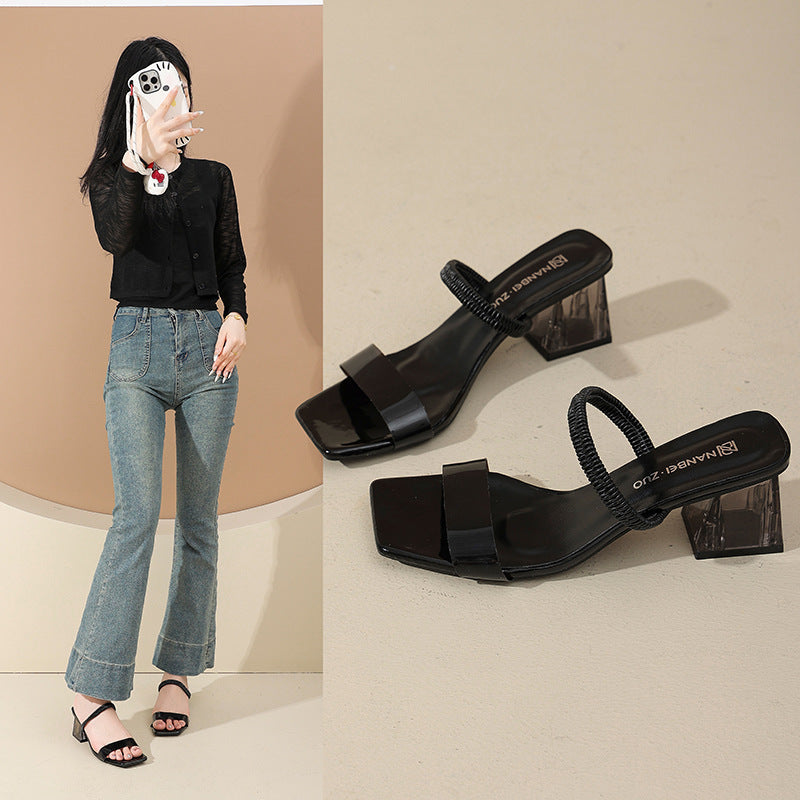 Rhinestone clear chunky heel sandals women's summer 2025 new french fashion square toe open toe fairy thong sandals