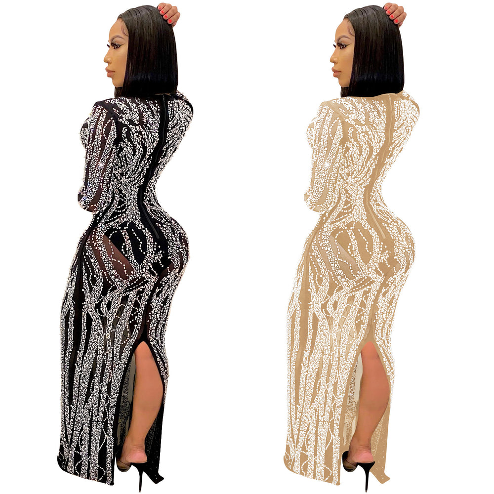 X5002 cross-border fashion new product nightclub sexy hot diamond inlaid diamond see-through mesh shiny women's dress long skirt