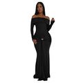C7559 cross-border   fashion women's off-the-shoulder long sleeve metal buckle mermaid dress