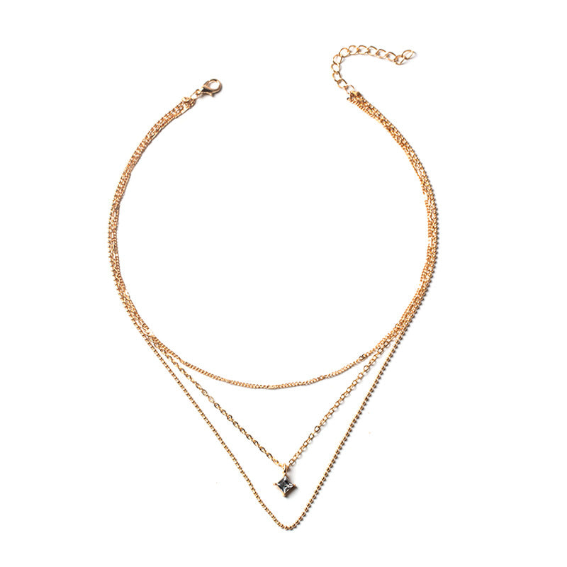 Square diamond necklace wholesale fashion cross-border sweater chain accessible luxuryclassy sense of small crowd multi-layered wearing chain clavicle chain for women