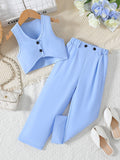 girl pure colortwo-piece setshortvestloose pants4 colorscasual style kidssummercasual pantssuit
