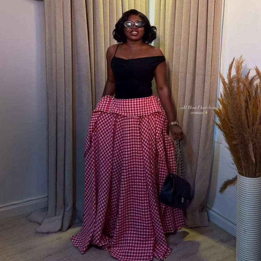 European and american cross-border women's fashion:  summer new arrivals - high-waisted plaid a-line casual versatile maxi skirt