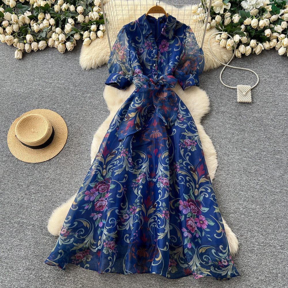 french court style vintage print dress - women's spring/summer turn-down collar, cinched waist, tie-waist a-line maxi dress - office/workwear