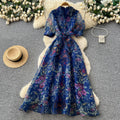 french court style vintage print dress - women's spring/summer turn-down collar, cinched waist, tie-waist a-line maxi dress - office/workwear