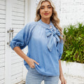 European and american cross-border spring new arrival:  retro loose-fit tie-neck denim shirt with bow detail - women's top