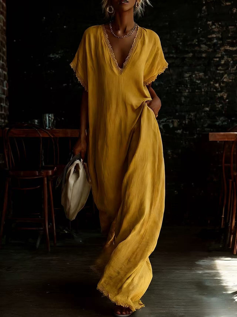 spring/summer collection: independent website, , us & european market - casual, elegant, comfortable, lace-trimmed, loose-fit linen-cotton maxi dress