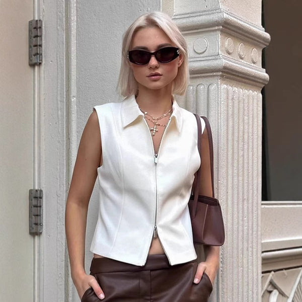 French fashion commuter white lapel vest women 2025 autumn design sense outside wear sleeveless top  women's clothing
