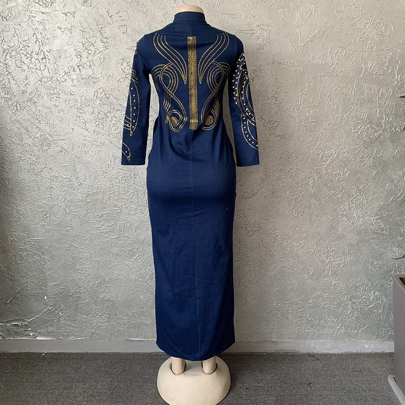 supply manufacturers direct sales african fashionfashion silm elastic denim silm hot diamond beaded long skirt big sale