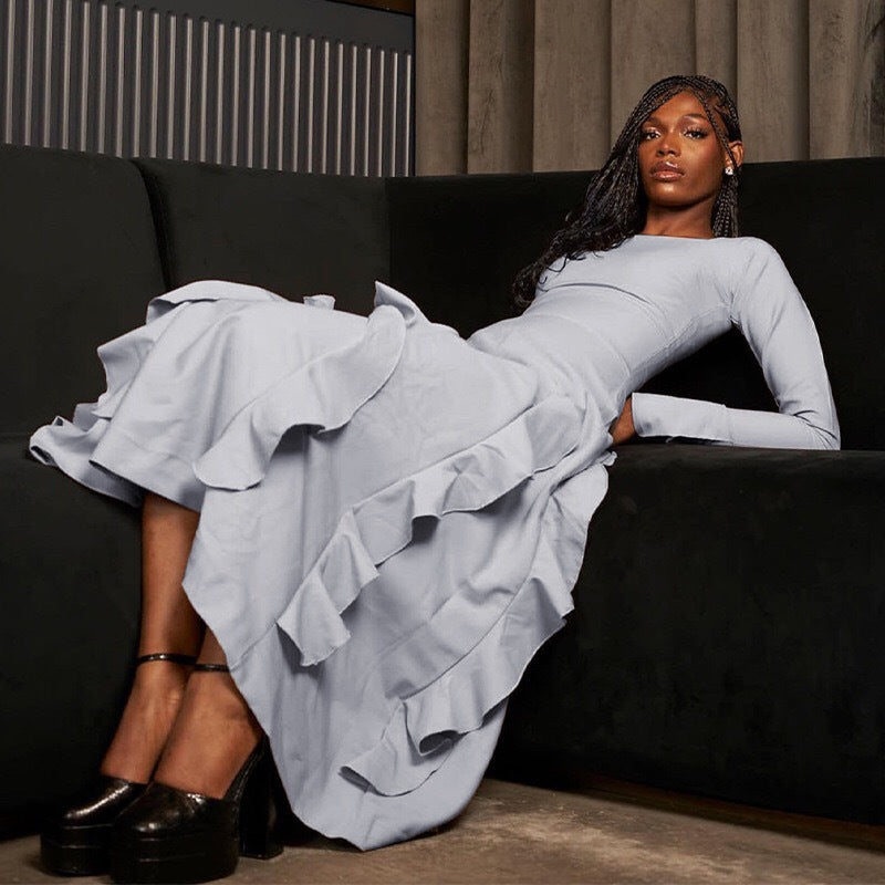 European and american cross-border chic women's clothing:  autumn new arrival - solid color long sleeve square neck slim fit ruffle hem maxi dress