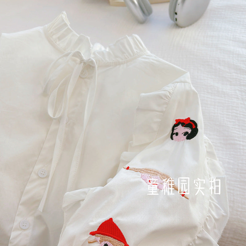 spring/autumn new arrival: pure cotton girls' blouse - baby girl doll shirt with embroidered cartoon design - sweet and trendy for little girls