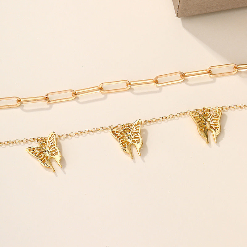Wholesale alloy butterfly chunky chain pendant necklace - fashionable, unique, and stackable double-layer necklace for cross-border e-commerce on amazon (us & europe)