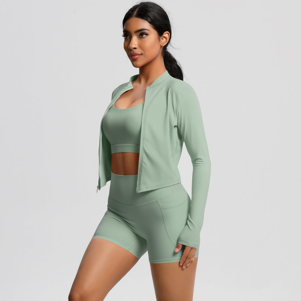 High-waisted brushed fleece tight pocket yoga set - cloud-soft quick-dry activewear three-piece outfit for outdoor leisure, running, and fitness