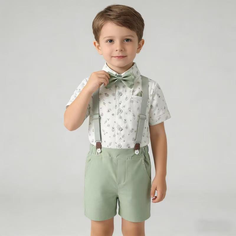 new arrival: korean style children's gentleman outfit - suspender set for boys, featuring a printed short-sleeve shirt