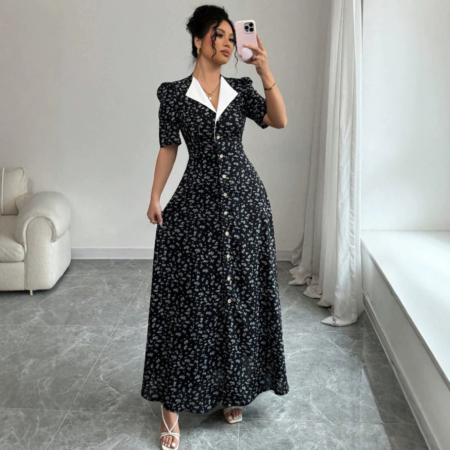 new european and american style fitted v-neck floral print elegant dress
