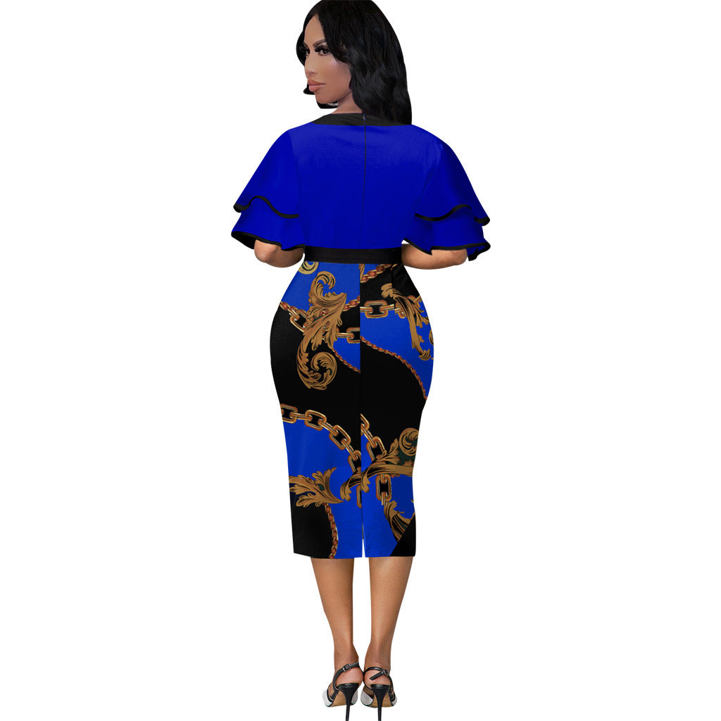 Spring 2022 European and American  new   independent station printed hot diamond round neck dress women