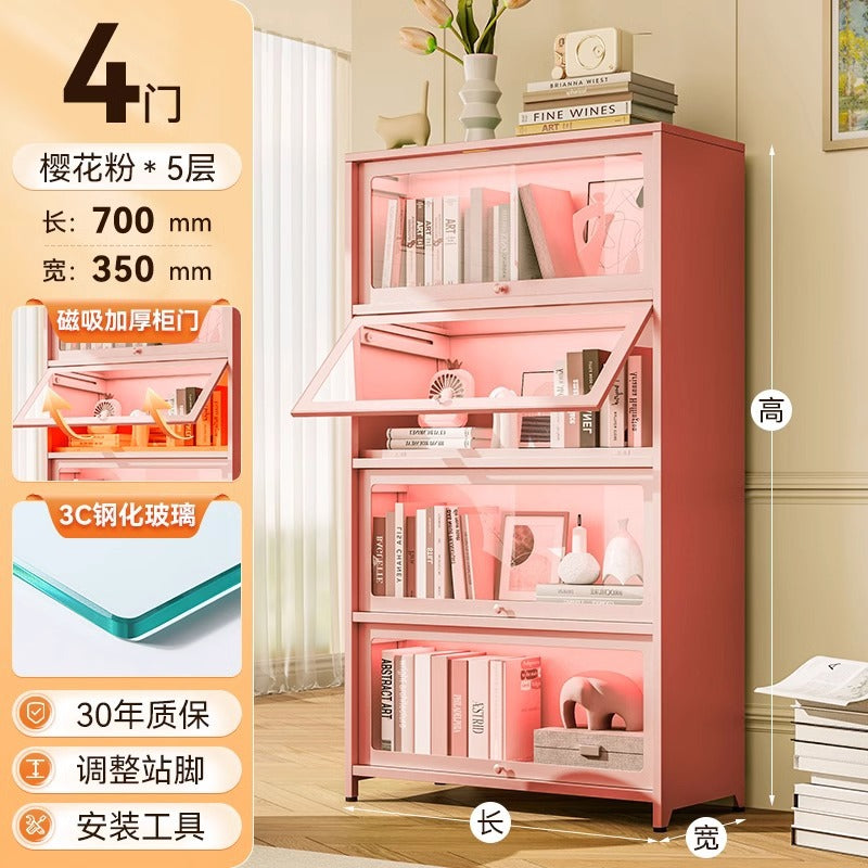 Steel bookcase with glass doors, kids' bookshelf, home living room storage cabinet, dustproof display cabinet, iron art shelf