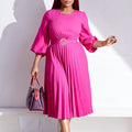C8553 cross-border  women's fashion  autumn new arrival solid color pleated loose fitted waist round neck african dress