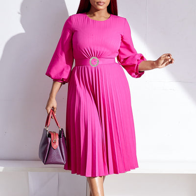 C8553 cross-border  women's fashion  autumn new arrival solid color pleated loose fitted waist round neck african dress