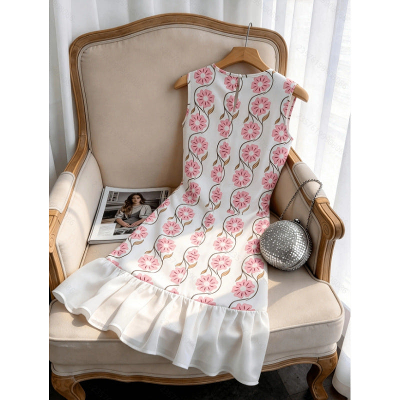Women's summer fashionable minimalist elegant floral print round neck slim fit sleeveless ruffle hem short dress