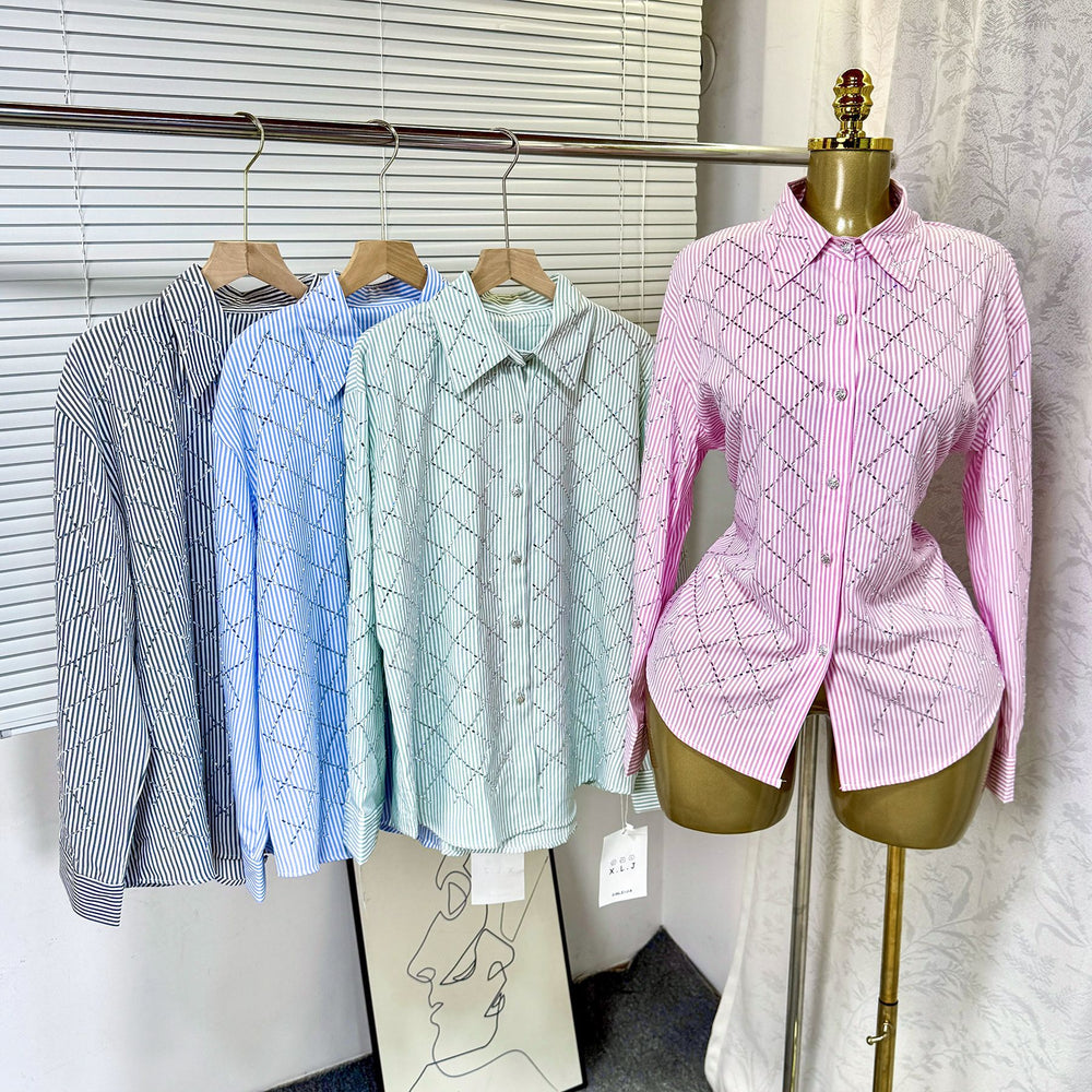 2025 summer new women's french chic rhinestone argyle casual loose thin long sleeve turn-down collar blouse shirt