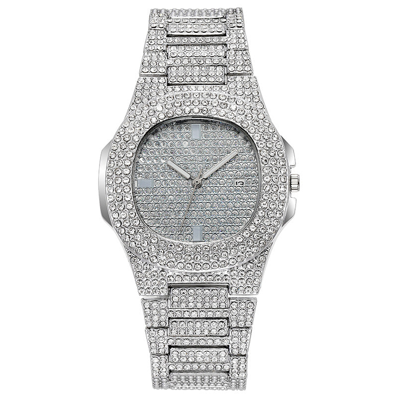 European and american hip-hop style fashion diamond watch for men and women, square large gold watch, trendy steel band quartz watch