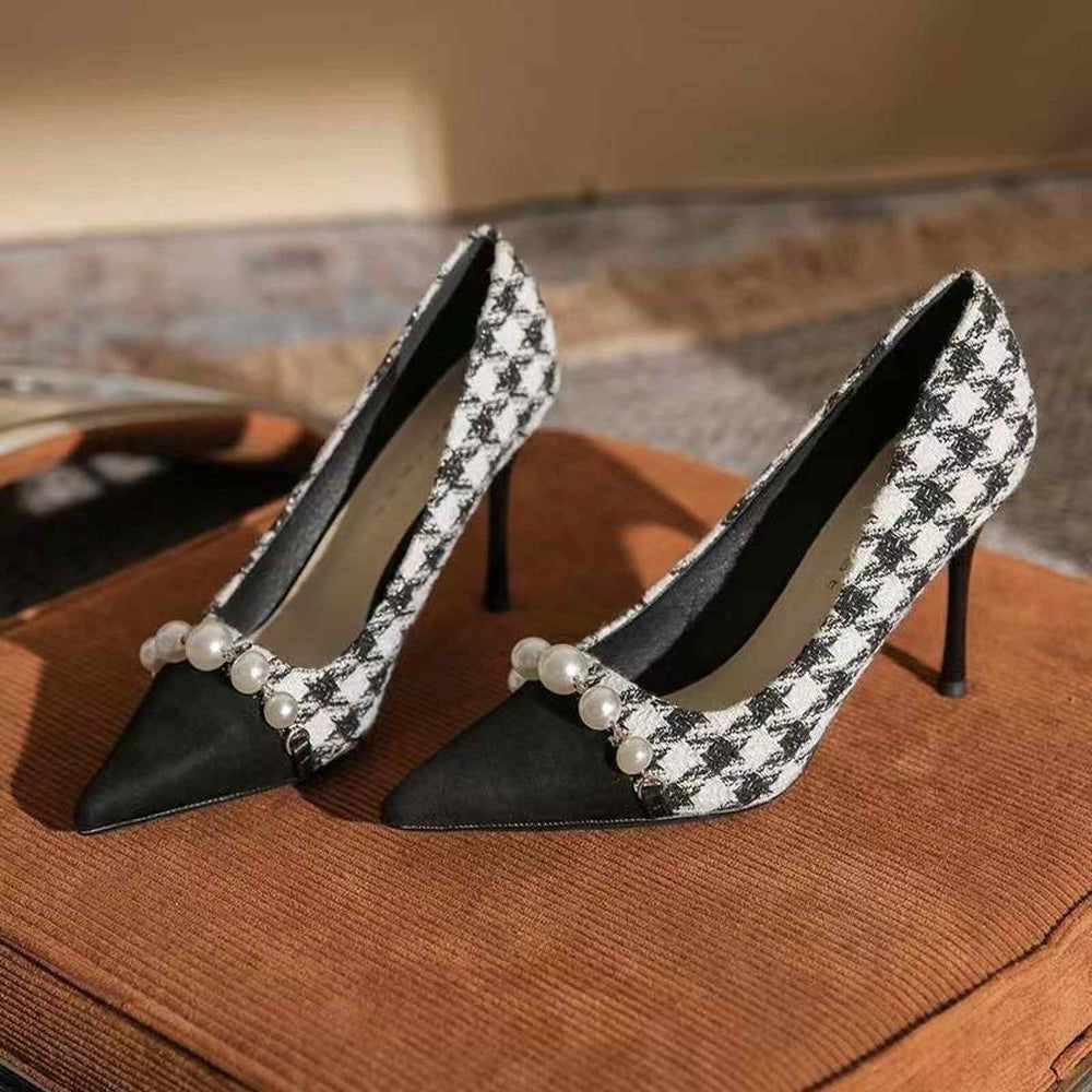 2023new arrival tweed style stiletto heel best selling french chidori grids high heels color matching easiest for match pearl flats women's fall and winter