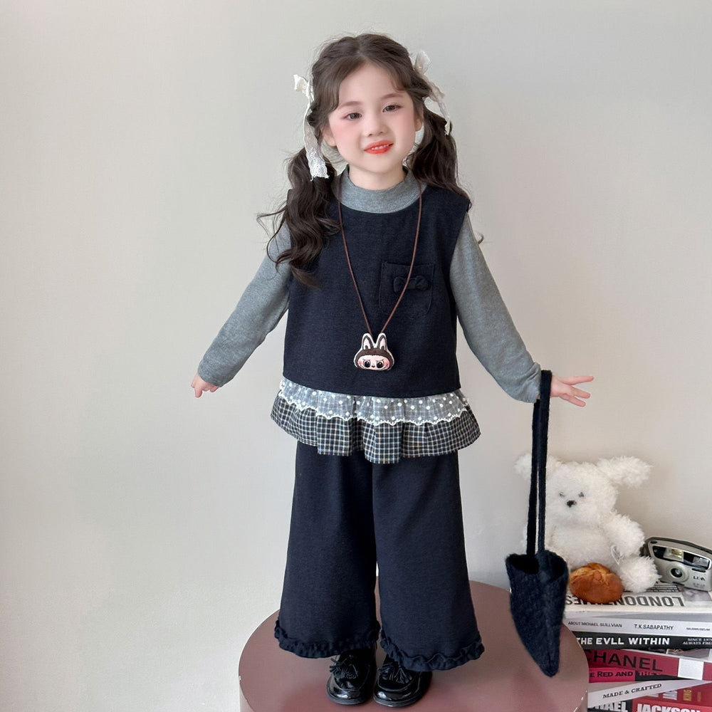 【dropshipping】spring  new girls' outfit set: baby lace-trimmed skirt, tank top, and long pants three-piece set