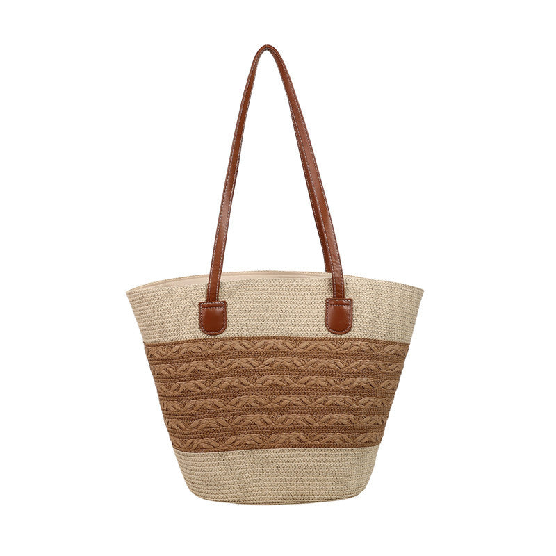 Large capacity straw woven bag women's new patchwork striped handbag fashionable knitted bag high-end tote beach bag