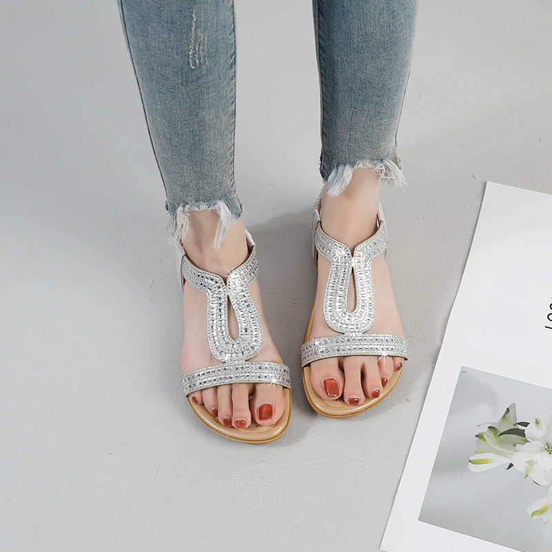 Flat bottom rhinestone & hotfix crystal roman sandals - women's 2025 summer new korean style plus size elastic band sandals