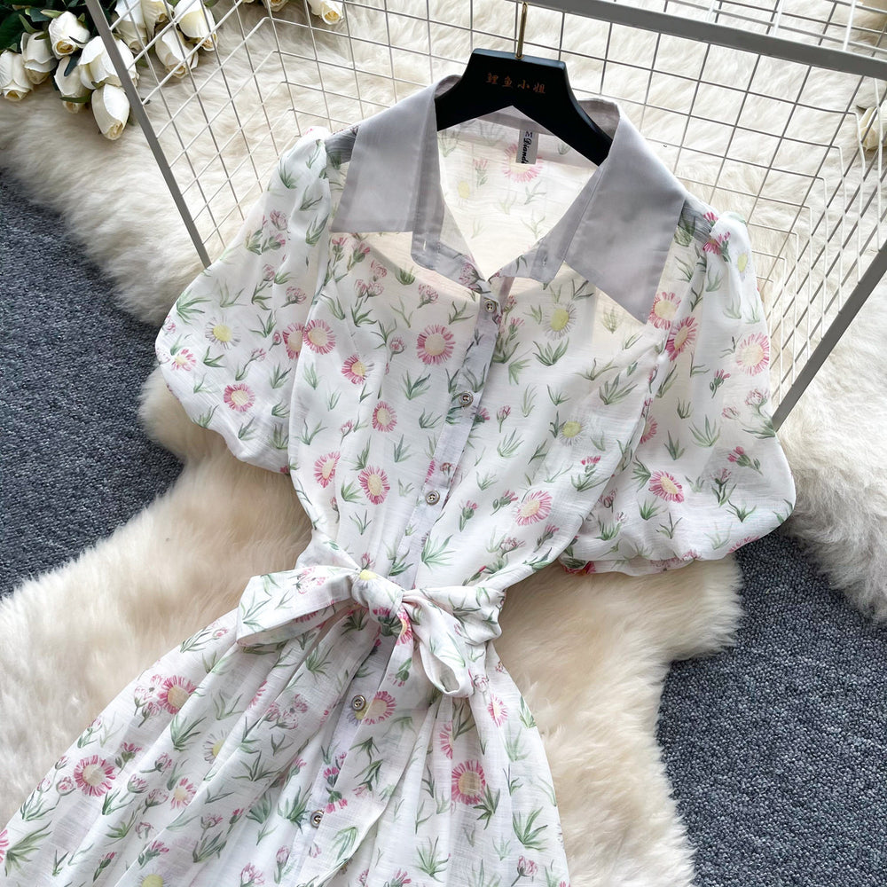 French chic floral dress with notched collar - summer korean style, tie-waist, short sleeve a-line dress - elegant and refined