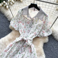 French chic floral dress with notched collar - summer korean style, tie-waist, short sleeve a-line dress - elegant and refined