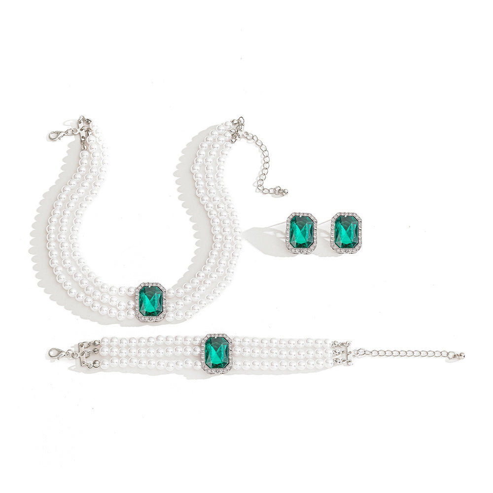 Imitation pearl necklace set wholesale - european & american cross-border jewelry - statement luxury gemstone choker necklace - vintage ring & bracelet set