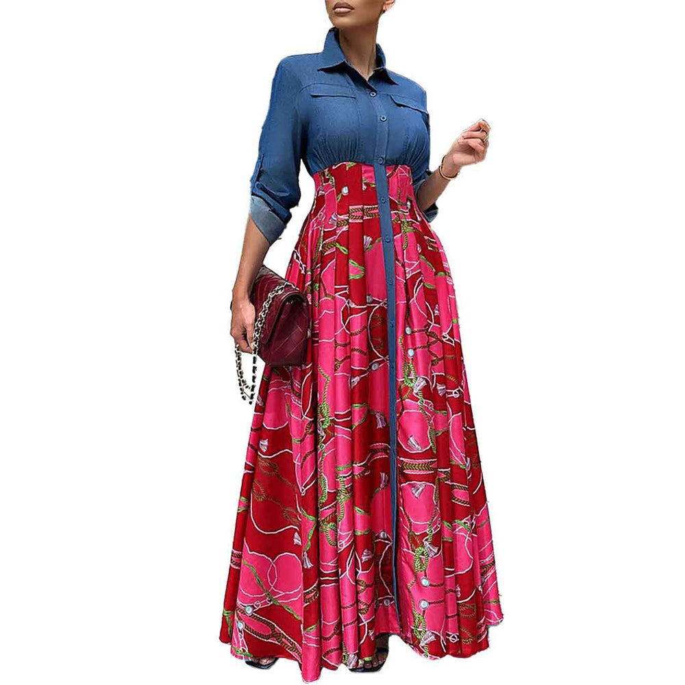 C8551 autumn/winter new plus size women's fashion casual denim patchwork print maxi dress - export quality