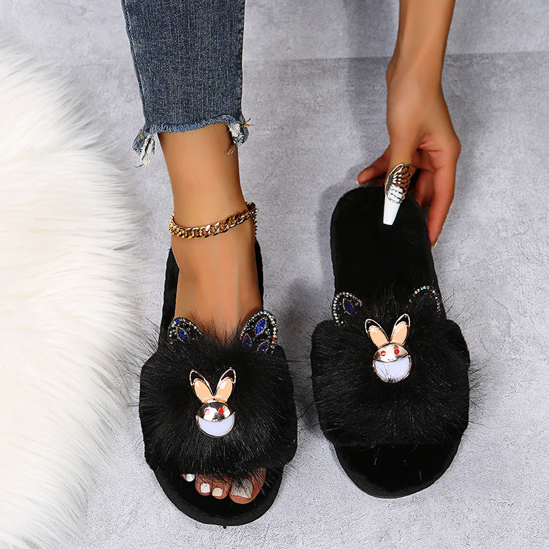 Little rabbit rhinestone furry cotton slippers for women outwear popularins trendy rhinestone korean style cartoon furry shoes thick sole slippers