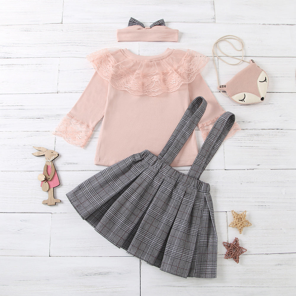 new children's clothing, boys and girls, european and american style plaid suspender bowknot lace-trimmed culottes, sibling matching set